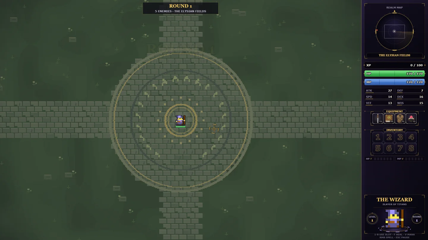 Actual EXALT gameplay: a pixel-art Wizard explores the green Elysian arena, with equipment, inventory, and a realm map in the sidebar.
